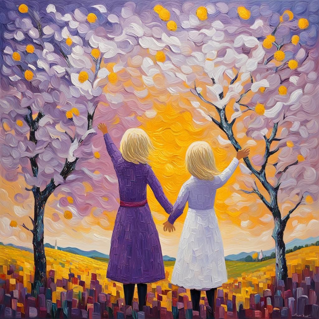 Girls Under White Tree: Neo-Impressionist Oil Painting