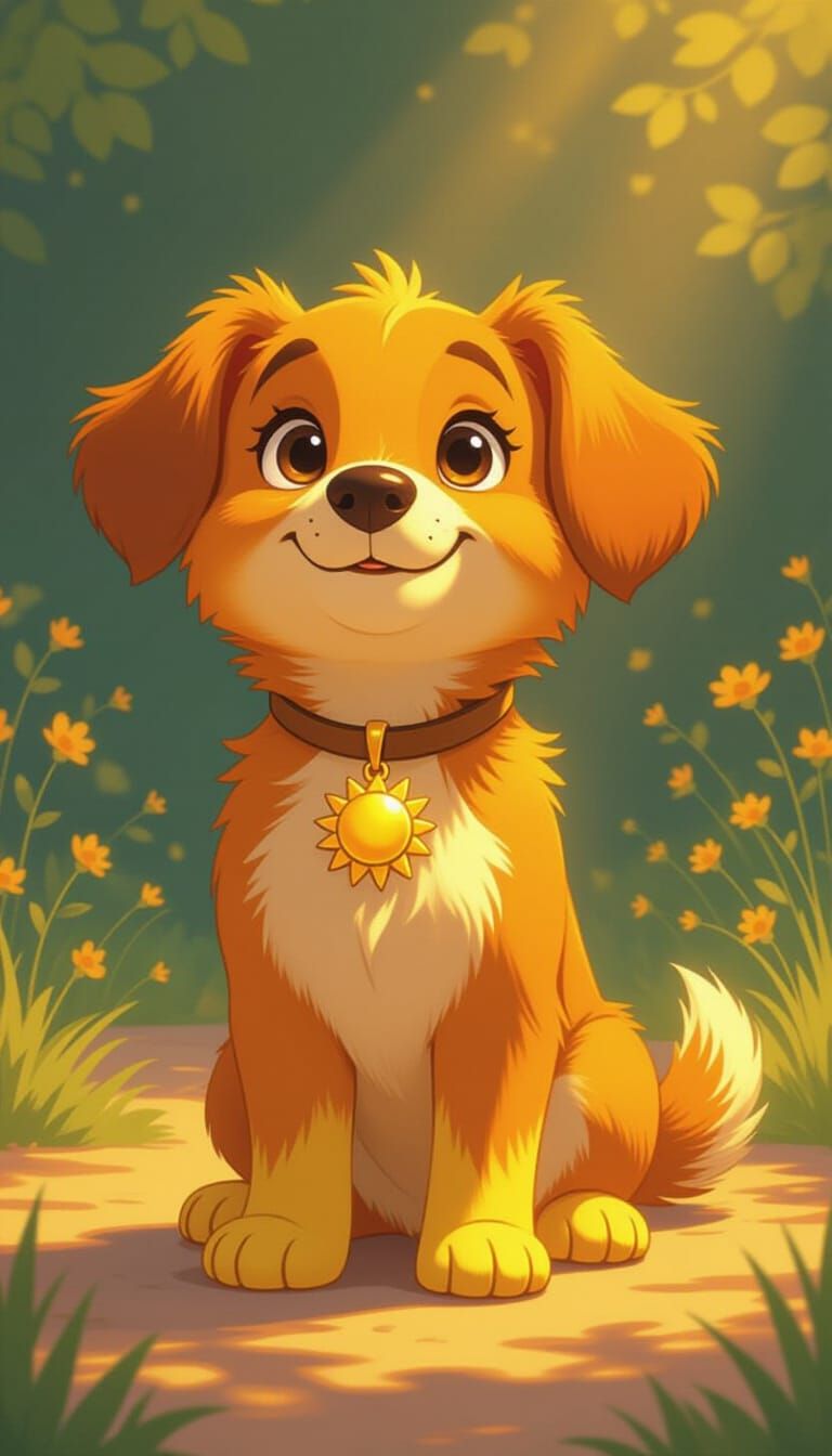 Adorable Orange Dog with Yellow Paws and Sun Pendant