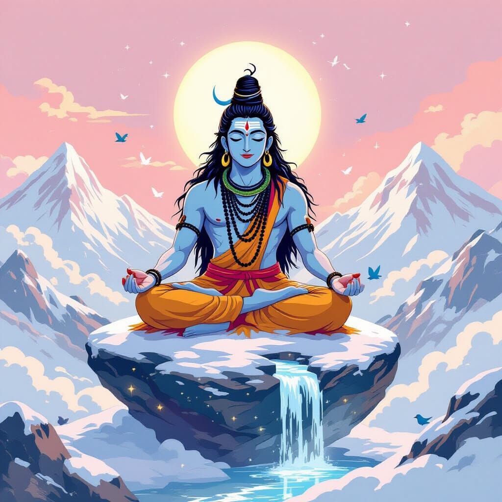 Lord Shiva Meditating Above Mount Kailash in Anime Style