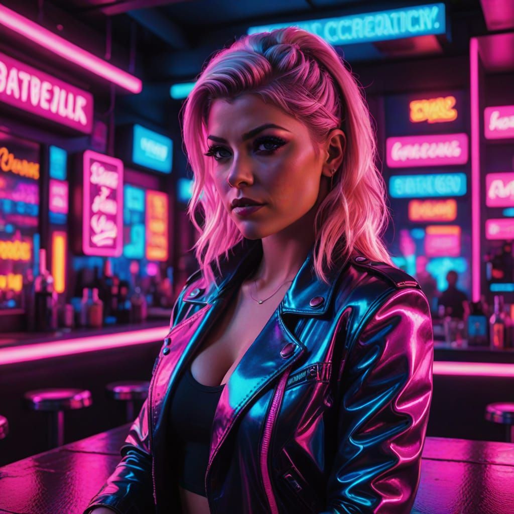 Neon Cyberpunk Bartender in Pink Cityscape