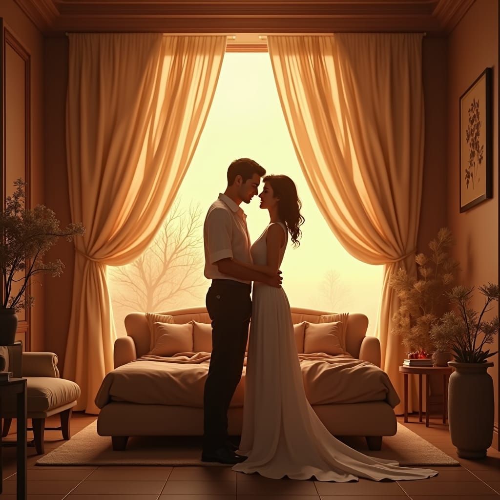 Romantic Silhouettes in Sepia-Toned Fantasy Bedroom
