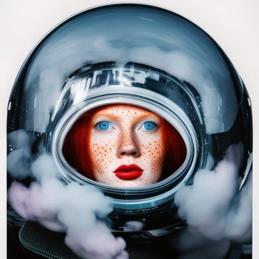 Red-Haired Woman in Glass Helmet: Hyperrealistic Portrait