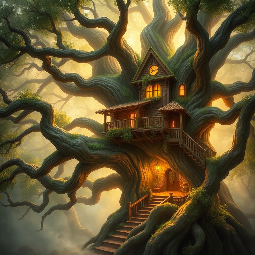 Majestic Oak Treehouse in Dreamy, Whimsical Landscape