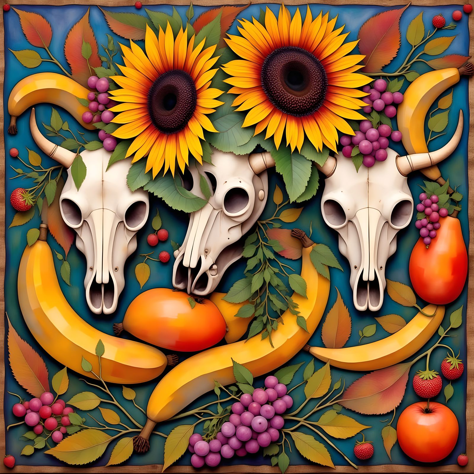 Vibrant Floral Skulls in Indonesian Batik Style