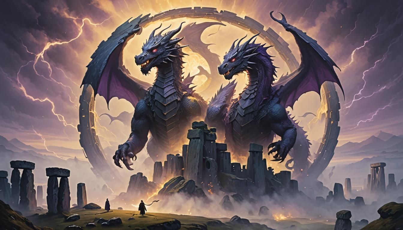 Luck Dragon Over Stonehenge in Dark Fantasy Style