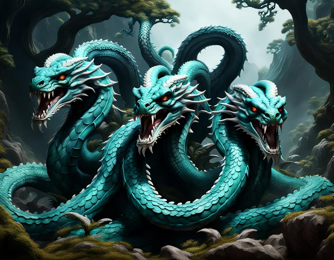 Lernean Hydra with Three Heads: Fantasy Concept Art