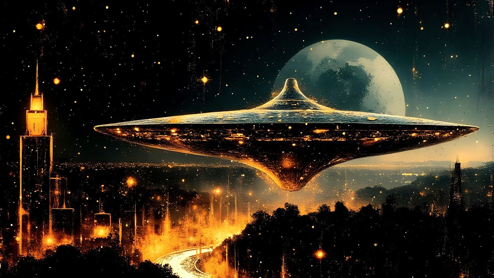 Art Deco UFO Over Stylized Cityscape