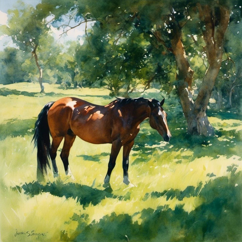 Bay Mare Grazing in Sunlit Field as Watercolor