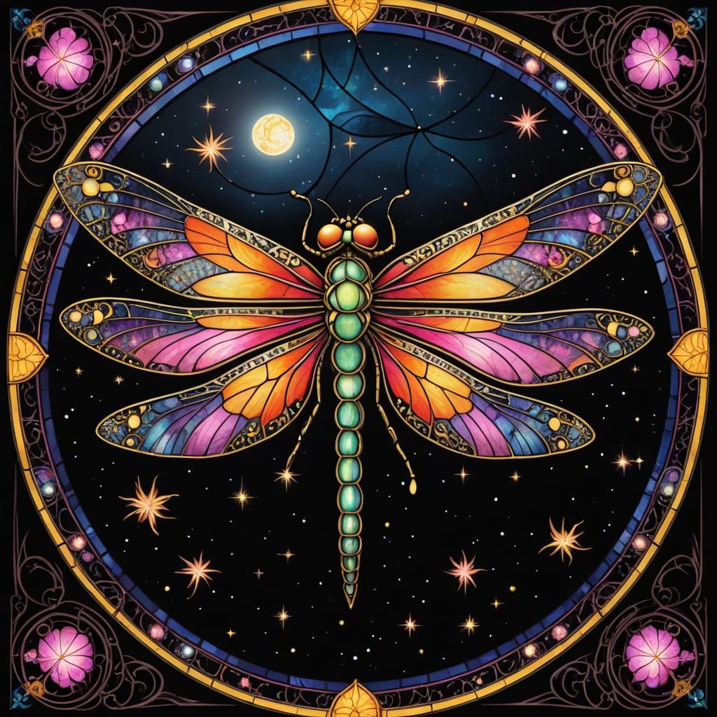 Stained Glass Dragonfly with Glowing Magical Wings