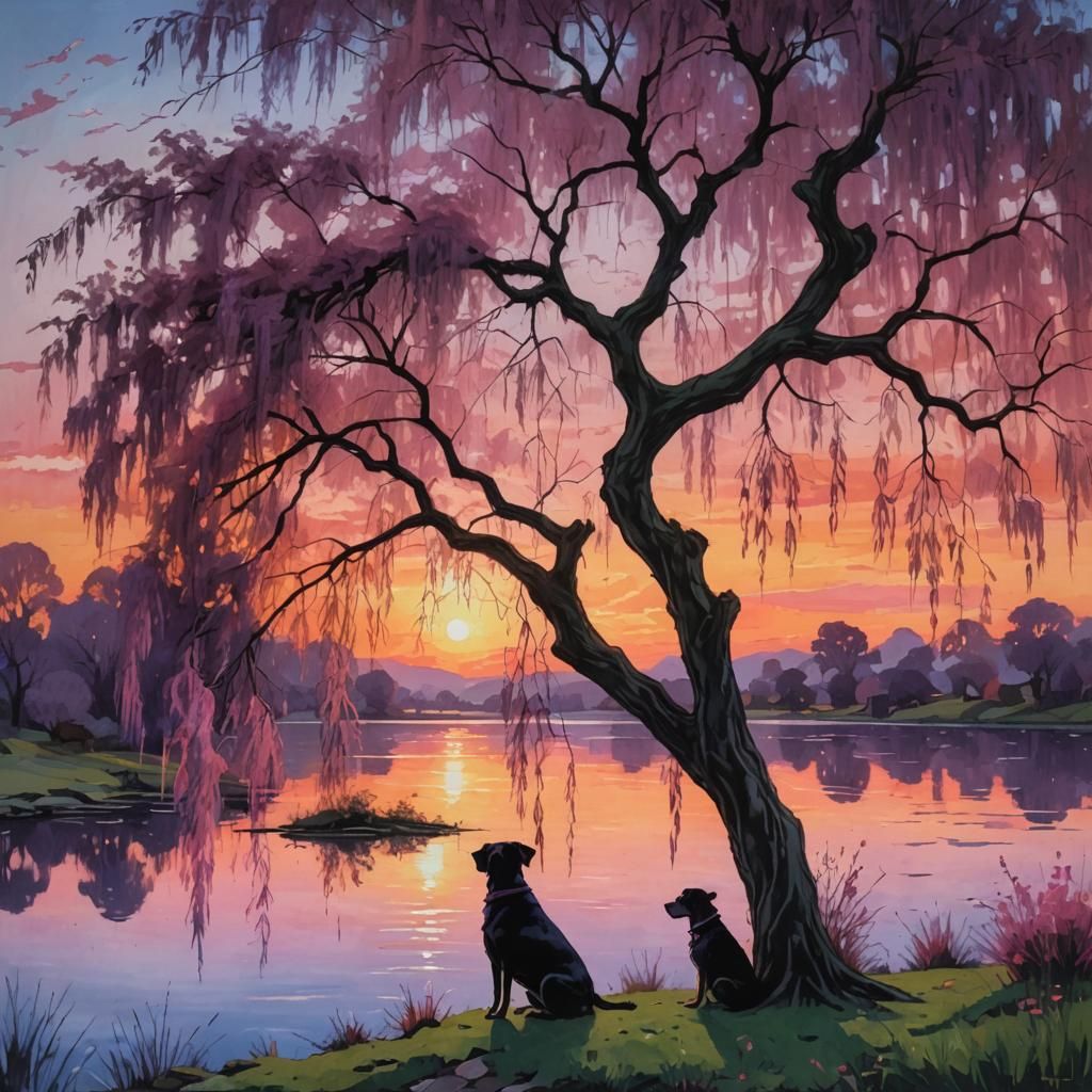 Surreal Sunset with Dog in Pre-Raphaelite Style