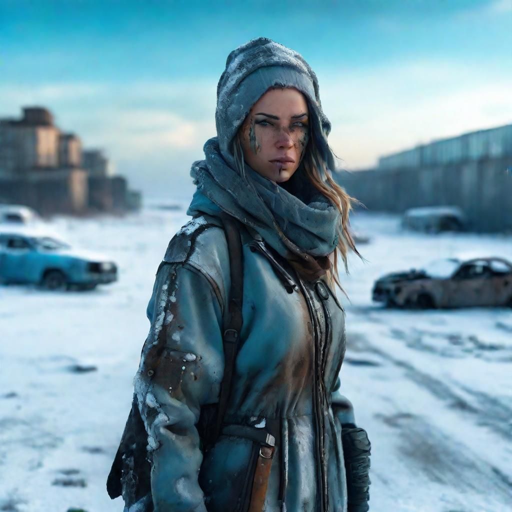 Cyberpunk Woman Walks Ice Desert Landscape