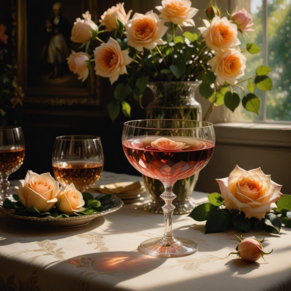 Elegant Impressionist Still Life of Rose Wine in Crystal Gla...