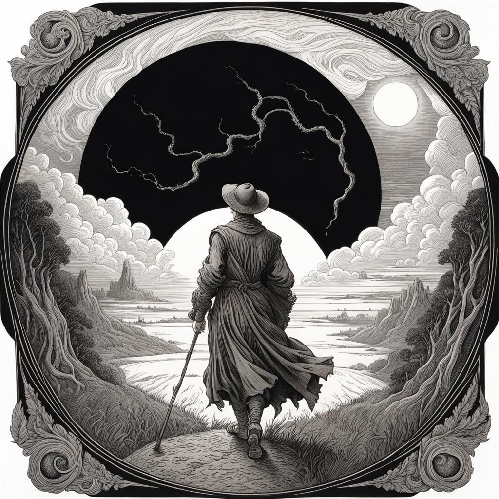 Wanderer's Journey to the Moon: Intricate Line Art
