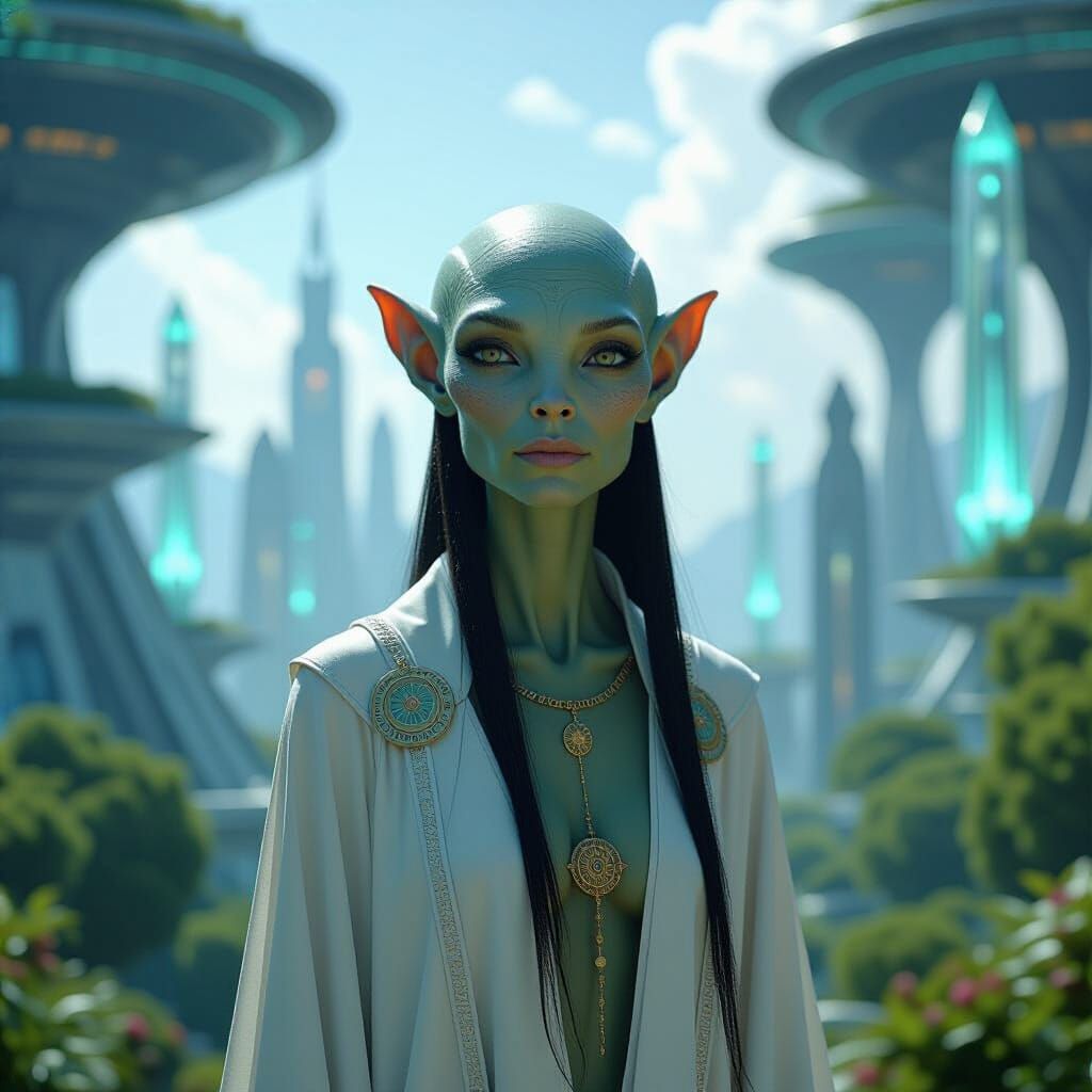 Human-Alien Hybrid in Futuristic Cityscape