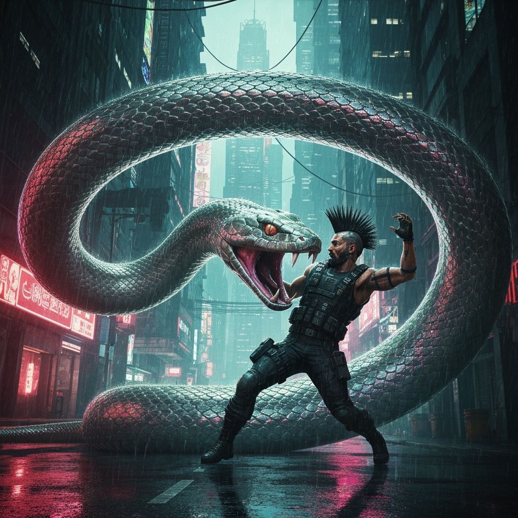 Cyberpunk Snake Attack in a Neon Cityscape