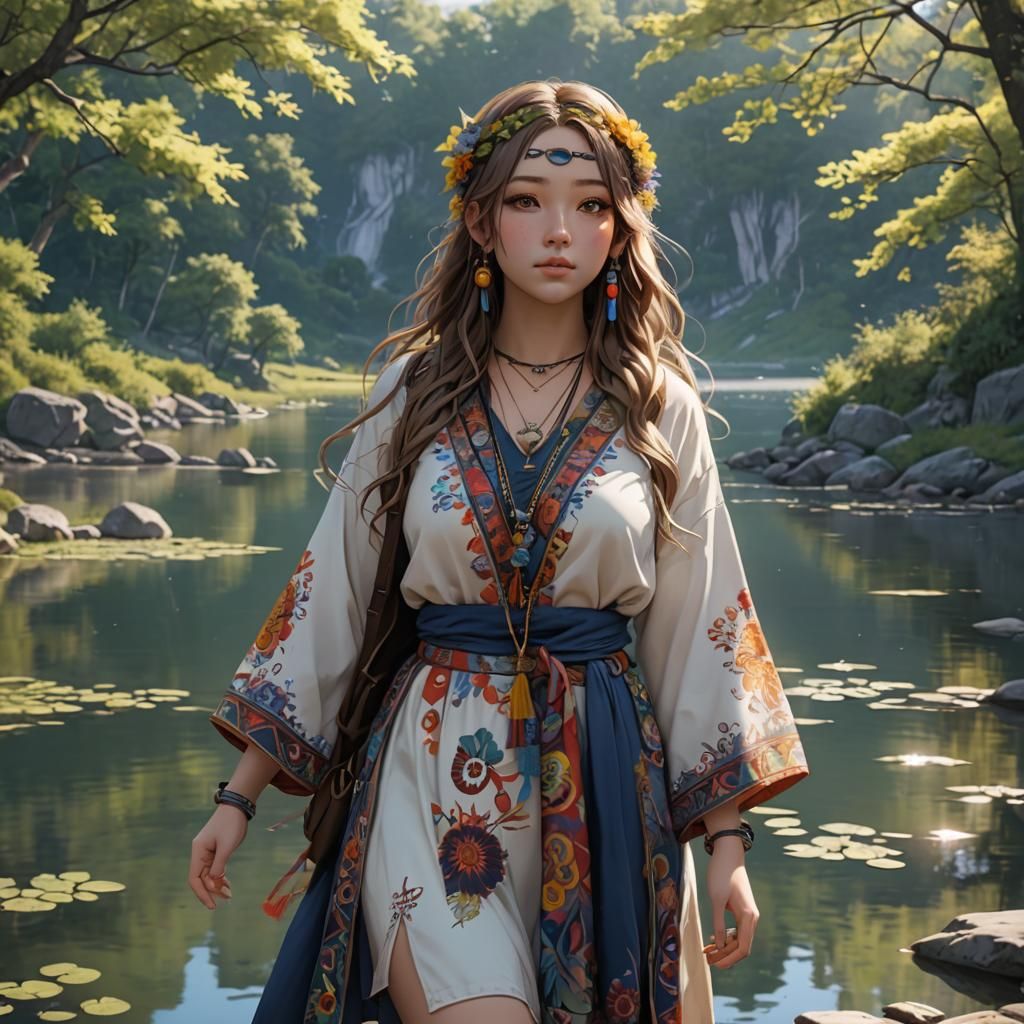 Curvy Hippy Girl by Lake in 3D Anime Art