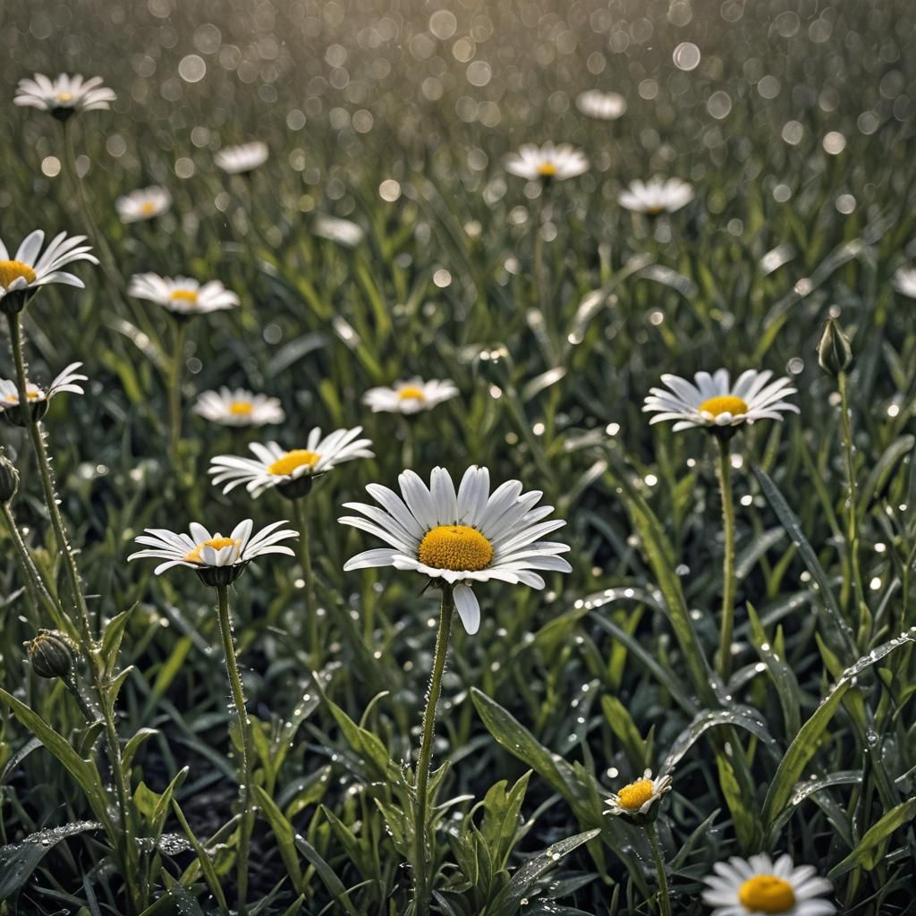 Dew-Kissed Daisy: Hyperrealistic Close-Up