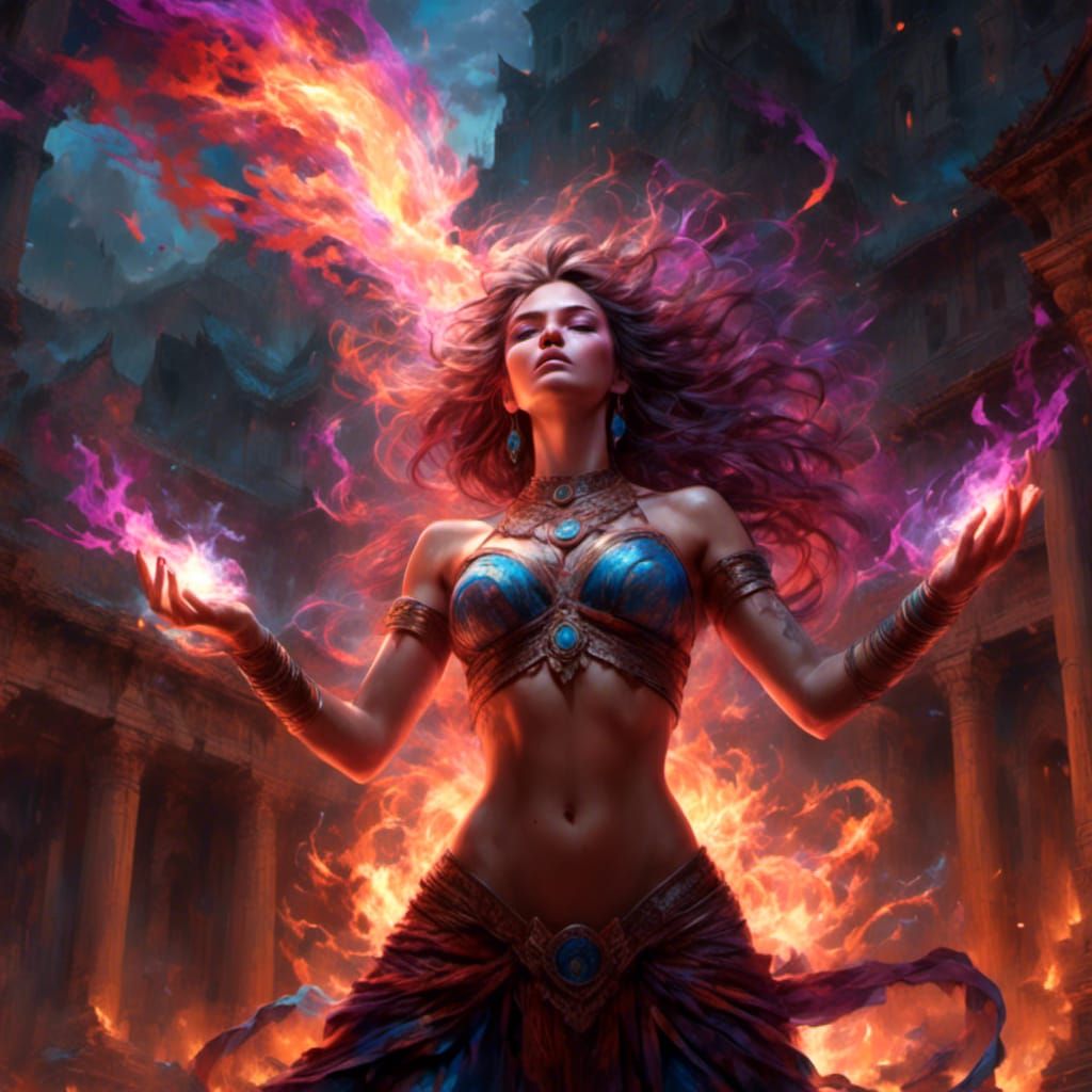 Sorceress Conjuring Fire in Mystical Temple