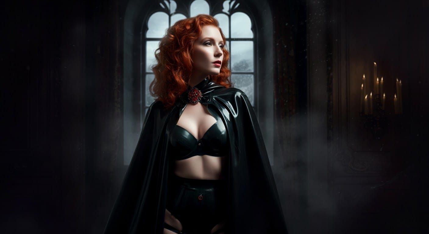 Mystical Red-Haired Woman in Latex, Cinematic Realism