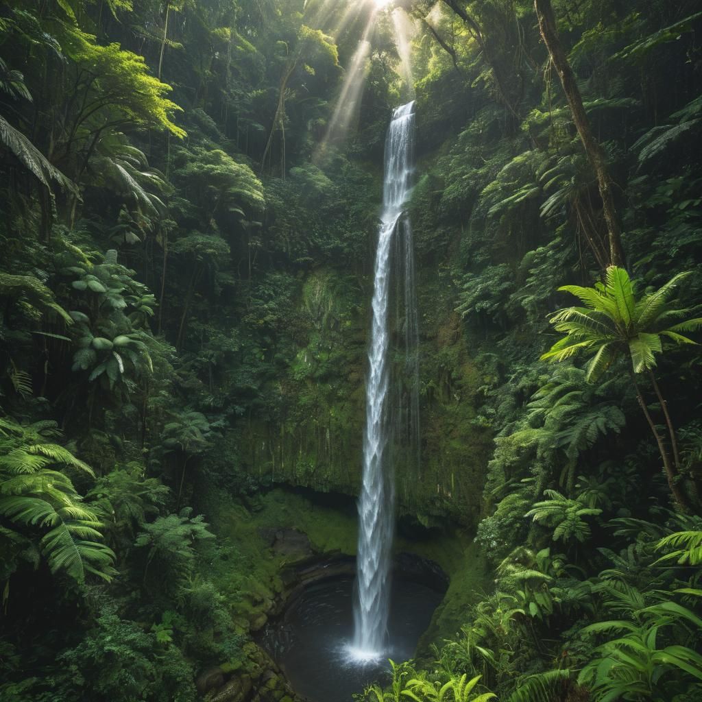 Rainforest Waterfall with UFO in Vivid Colors