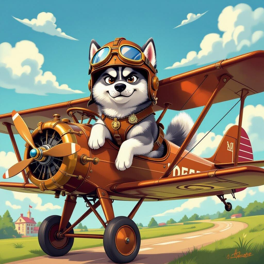Steampunk Husky Pilot in Candy Landscape