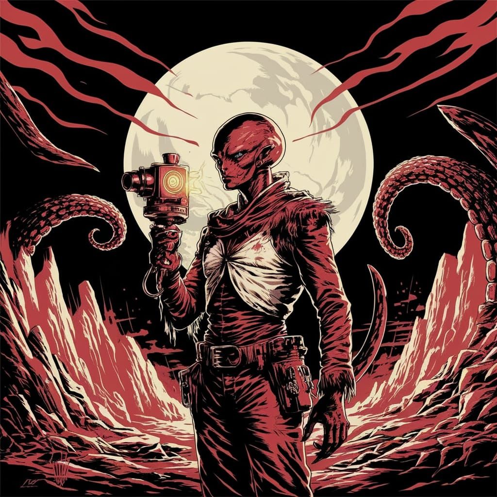 Gothic Alien Figure in Moonlit Landscape with Space Lazer