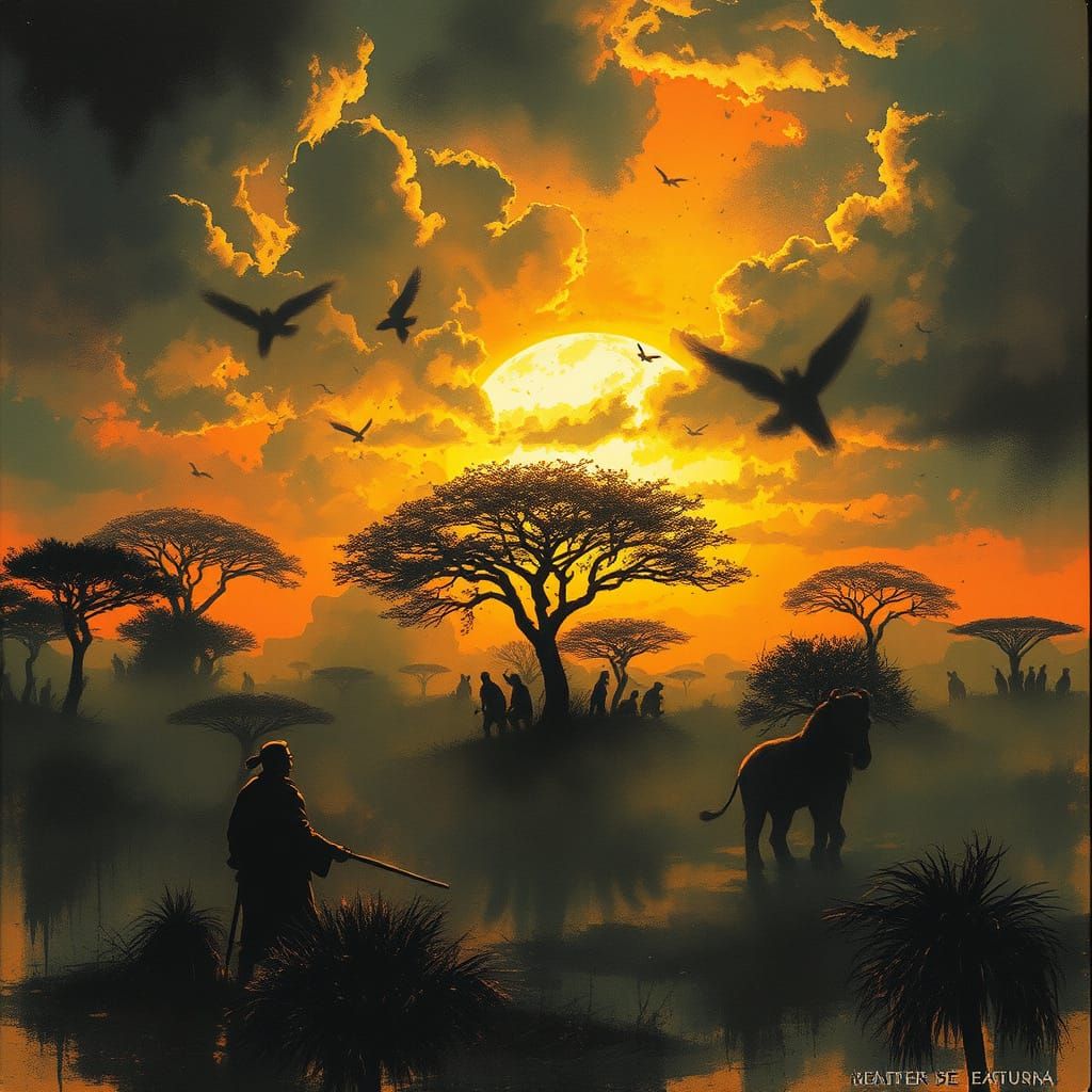 Intricate African Sunrise with Ink Splatter Style