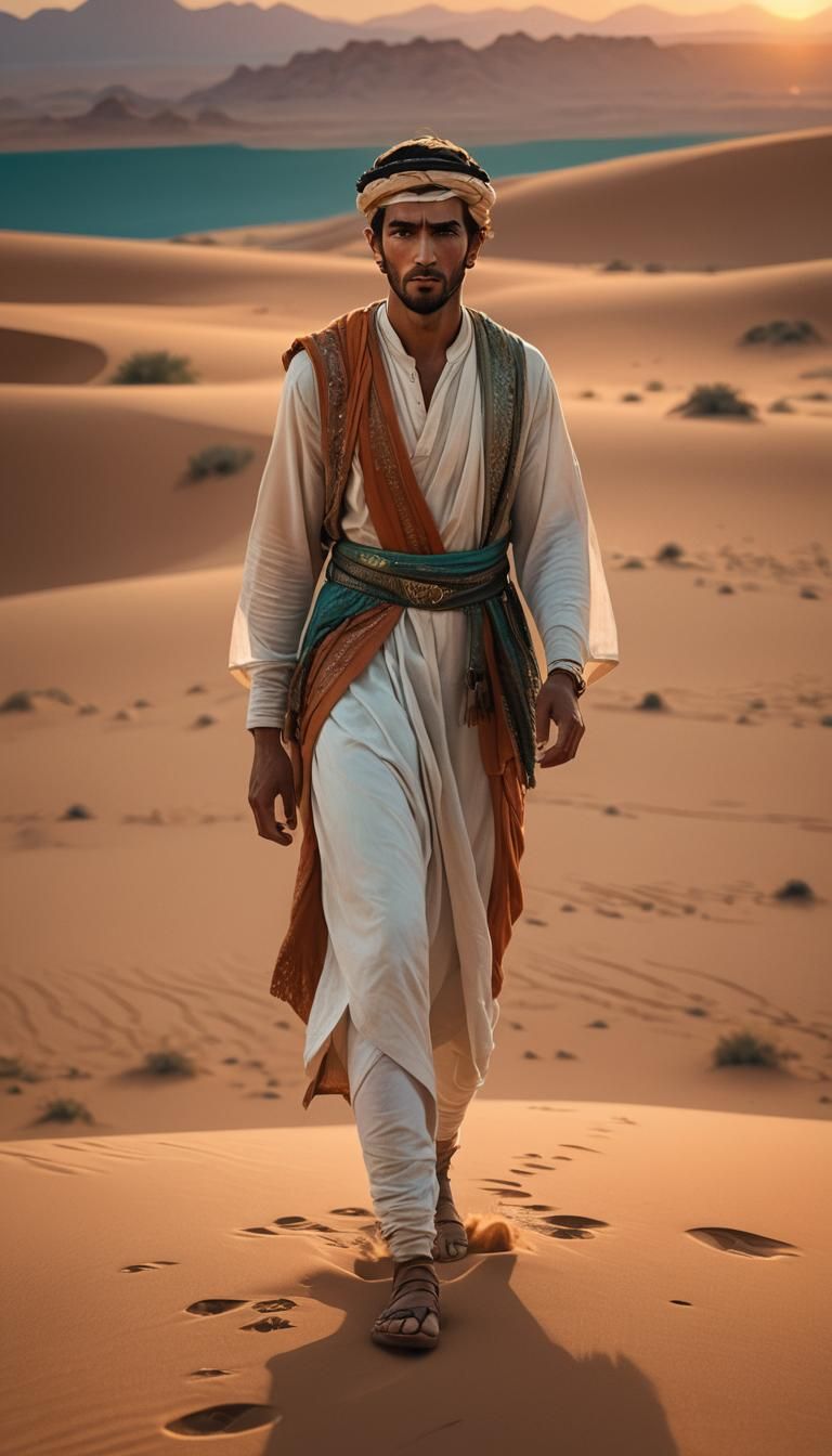 Desperate Wanderer in a Vast Desert Landscape, Hyper-Realist...