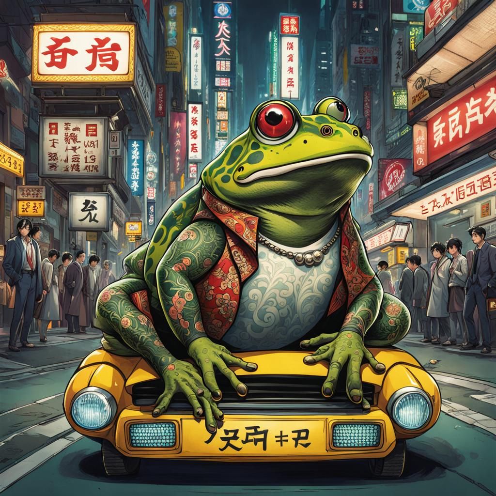 Yakuza Frog Rides Robot Taxi in Shin-hanga Style