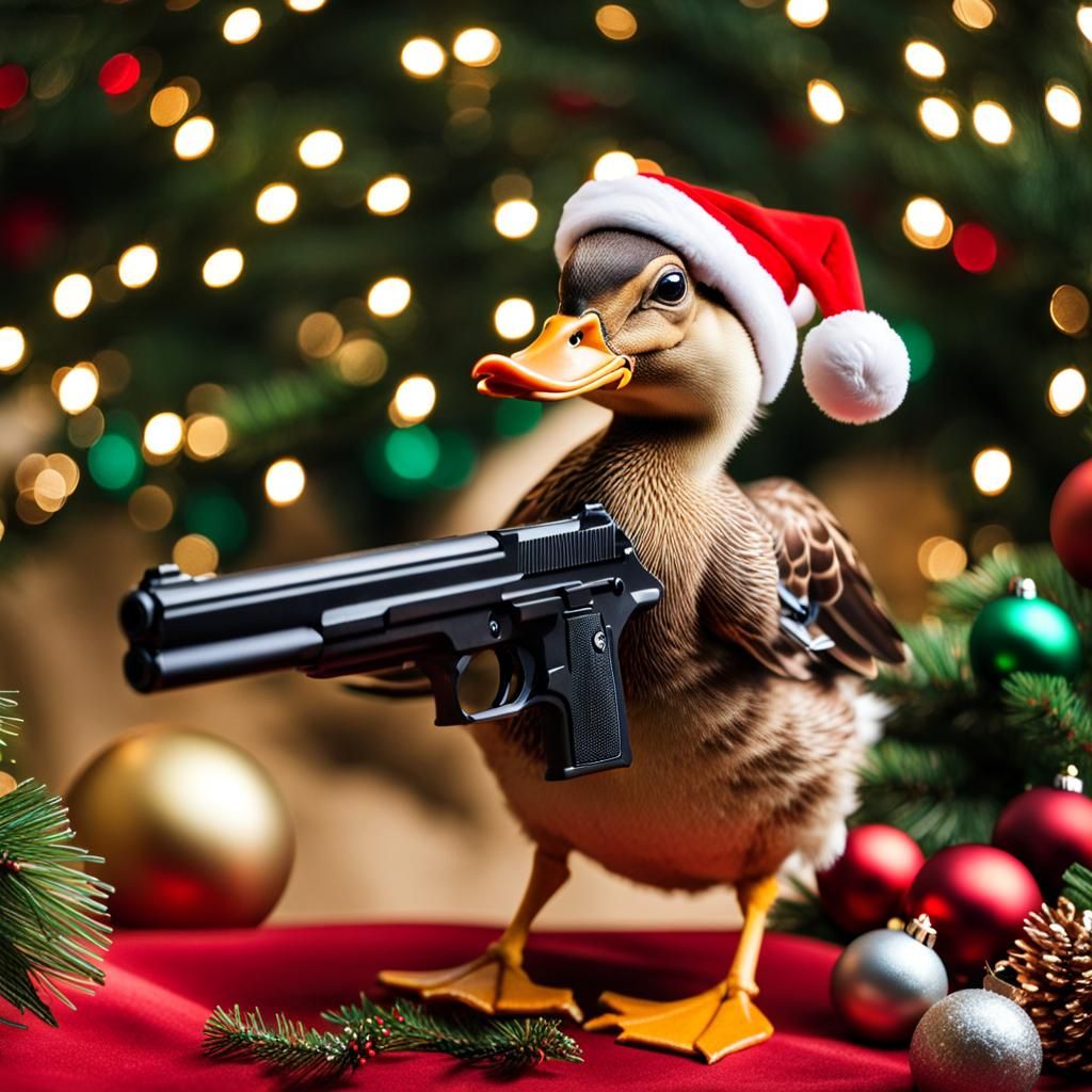 Duck with Pistol and Christmas Hat