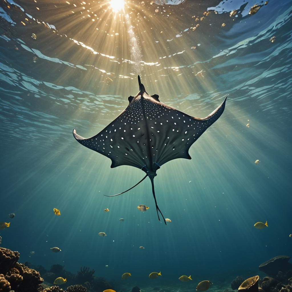 Spotted Eagle Ray in Ocean, Hyperrealistic Underwater View