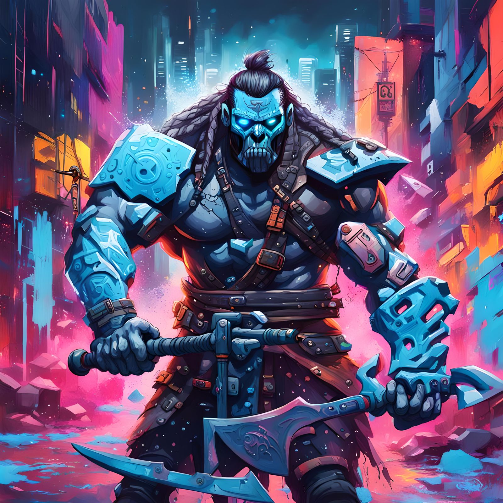 Cyberpunk Barbarian Cyborg in Neon Graffiti Art