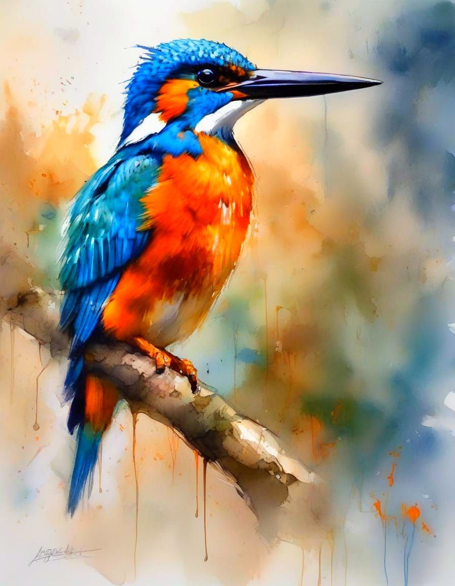 Vibrant Kingfisher Watercolor Painting with Earthy Tones