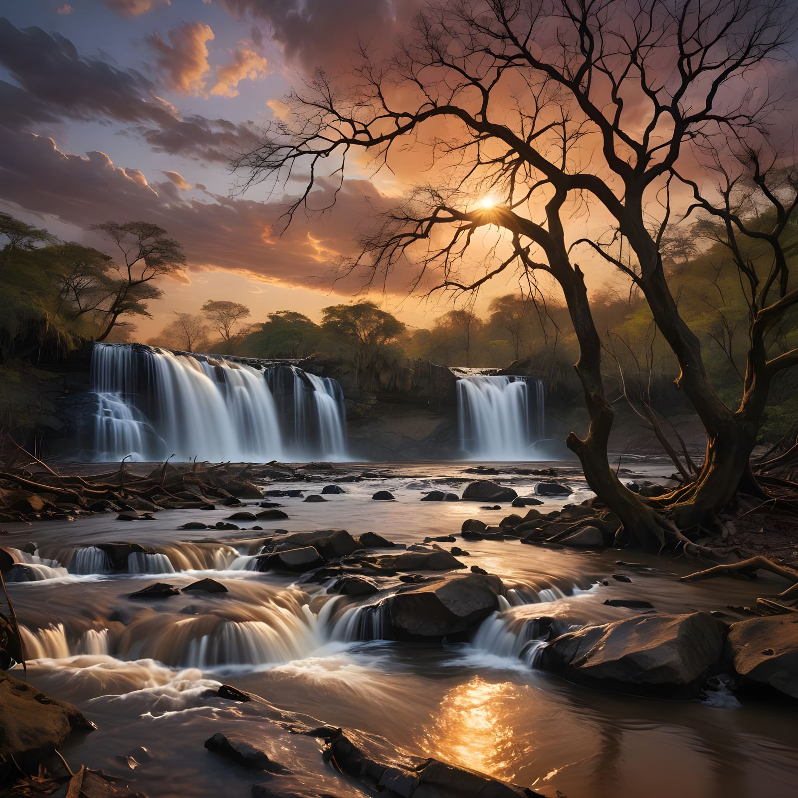 Vibrant Sunset at Orinoco River Waterfall