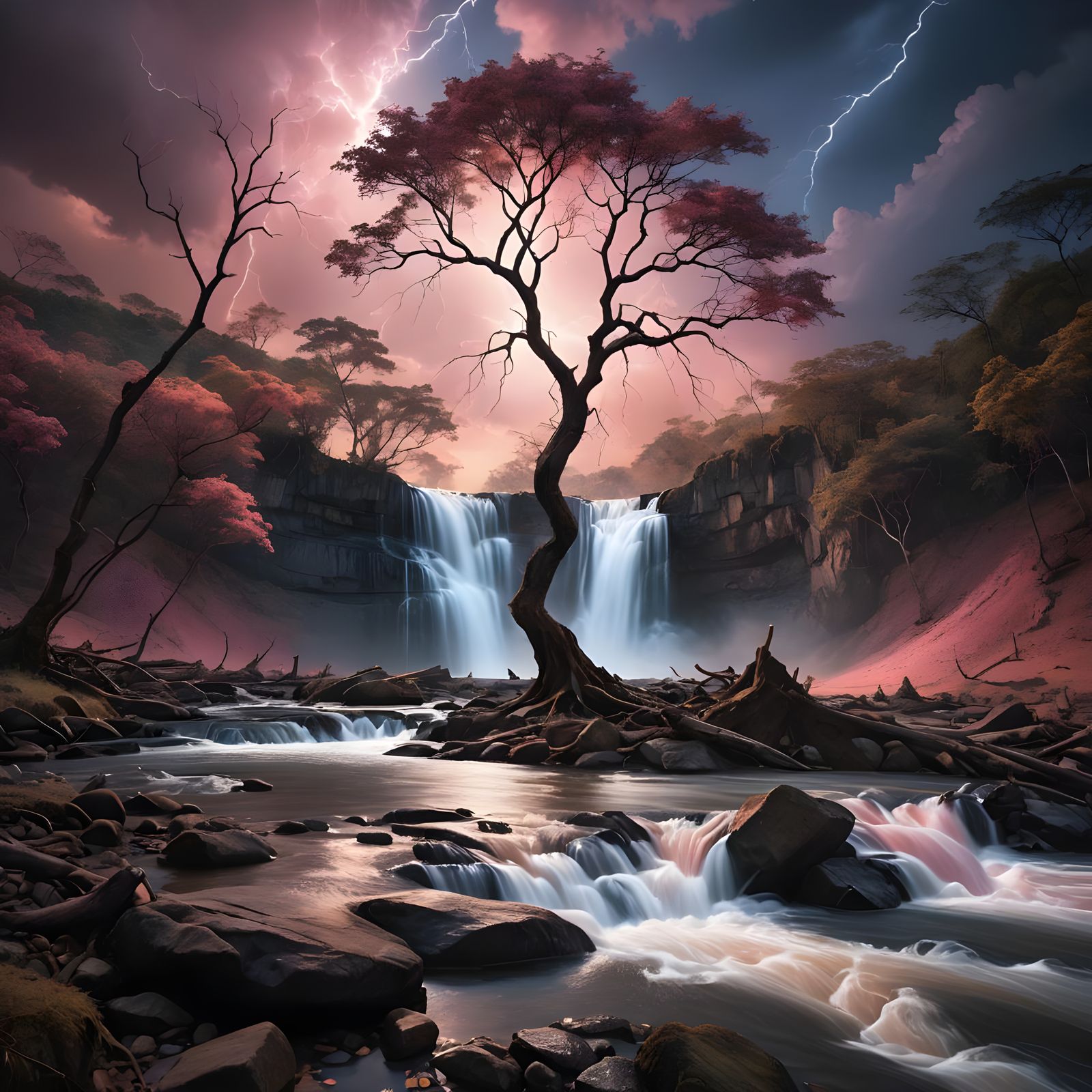 Vibrant Sunset Over Waterfall with Lonely Tree