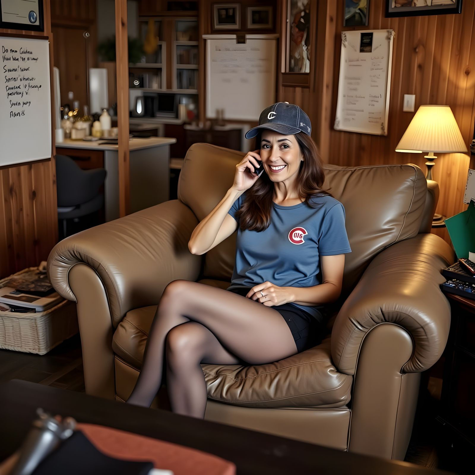 Attractive Woman Smiles on Phone in Casual Domestic Scene