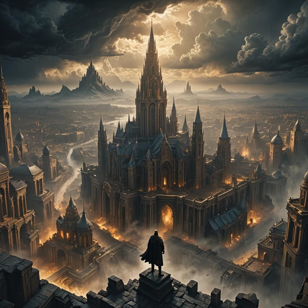 Hero Overlooks Ancient City in Dramatic Lighting