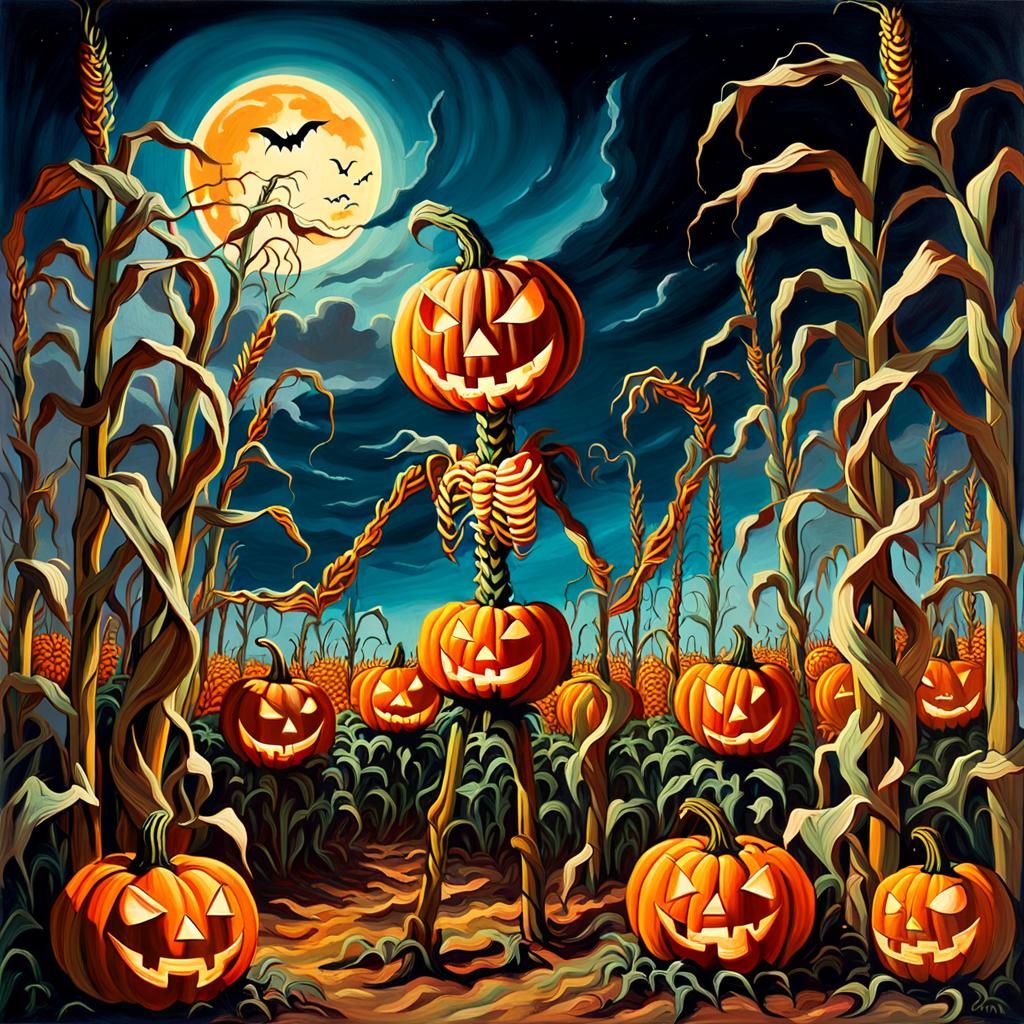 Surreal Jack-O-Lantern in Autumnal Cornfield as Oil Painting