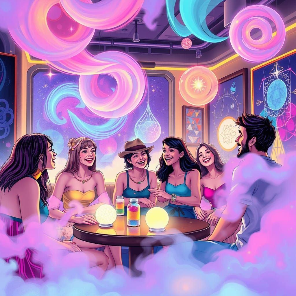 Celestial Cafe Gathering in Vibrant Futurism