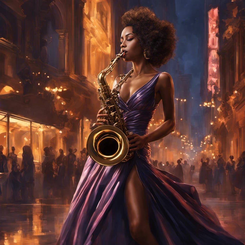 Saxophone Player in Gehry-Inspired Gown, Dark Fantasy Art
