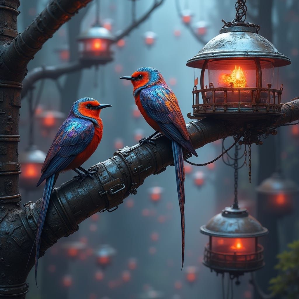 Cyberpunk Birds on Futuristic Steel Tree