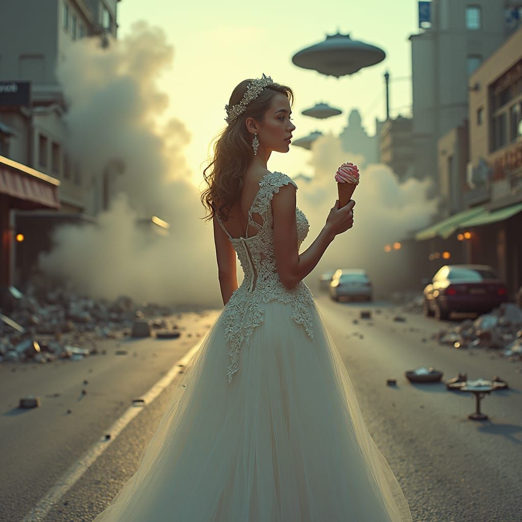 Bride with Ice Cream, Apocalyptic Cityscape