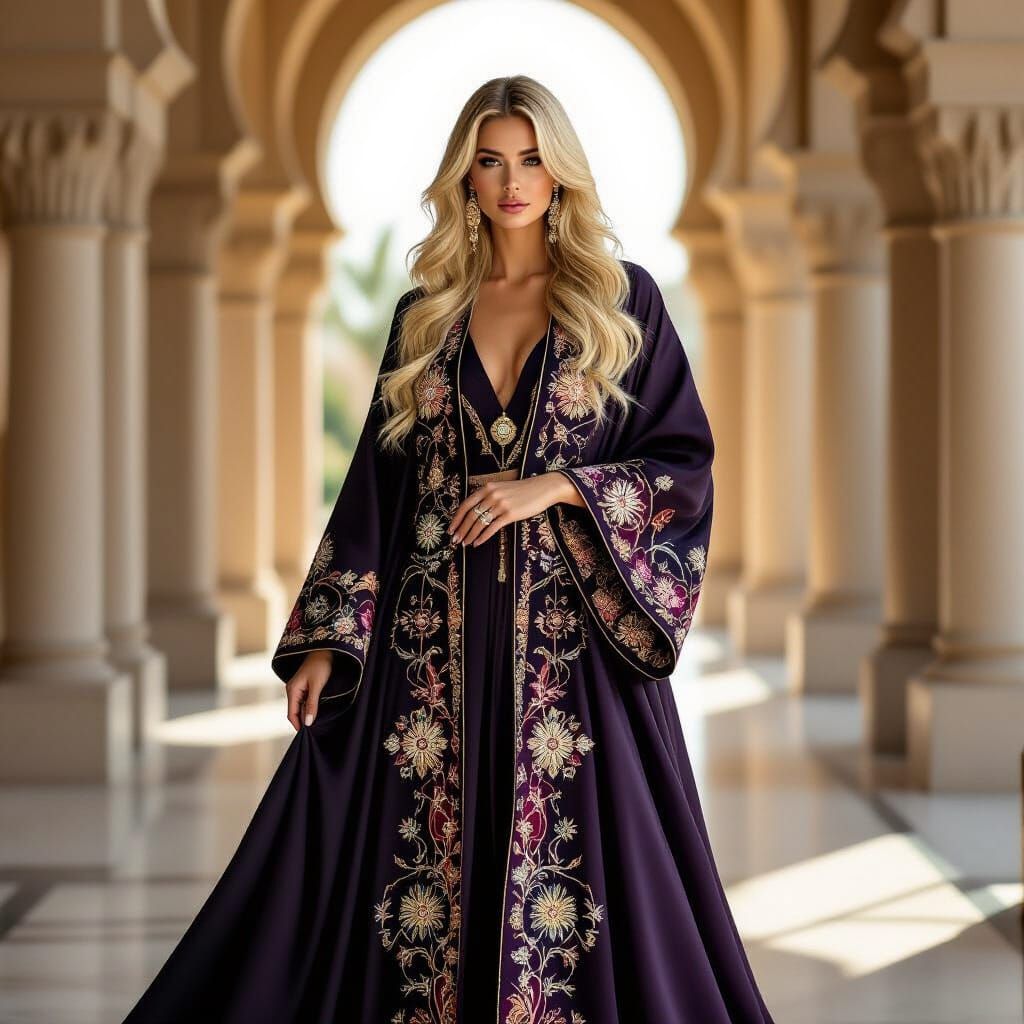 Regal Blonde in Opulent Abaya: High Fashion Photography
