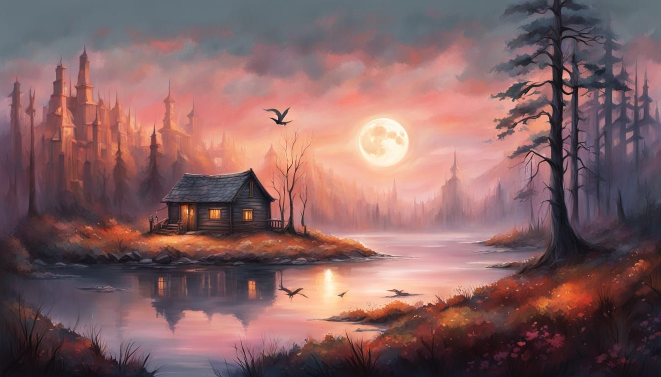 Dreamy Cinematic Fantasy Landscape Painting at Dusk