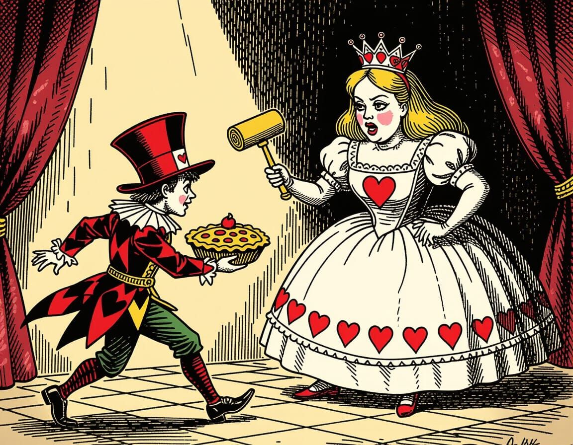 Jack of Hearts Steals Jam Tart in Tenniel Style