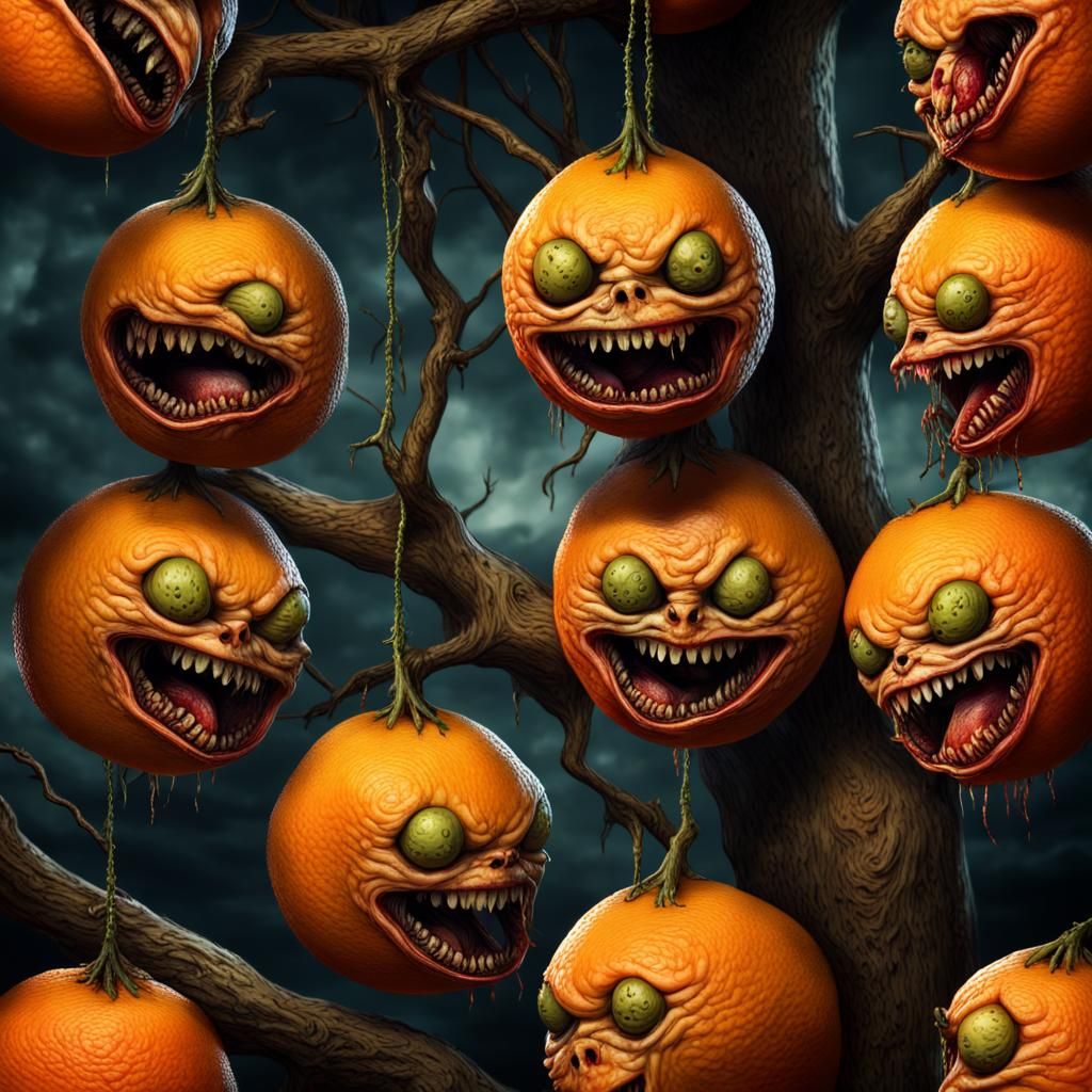 Scary Zombie Oranges with Grinning Faces