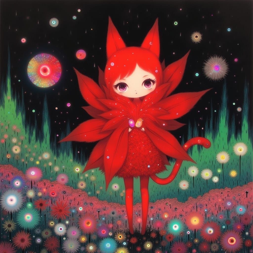 Red Cellophane Cat in Vibrant Anime Landscape