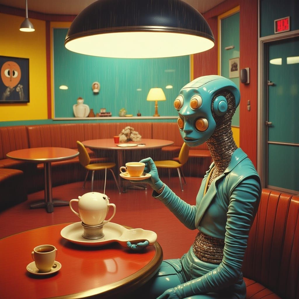 Cyberpunk Android Protagonist in a Rainy City