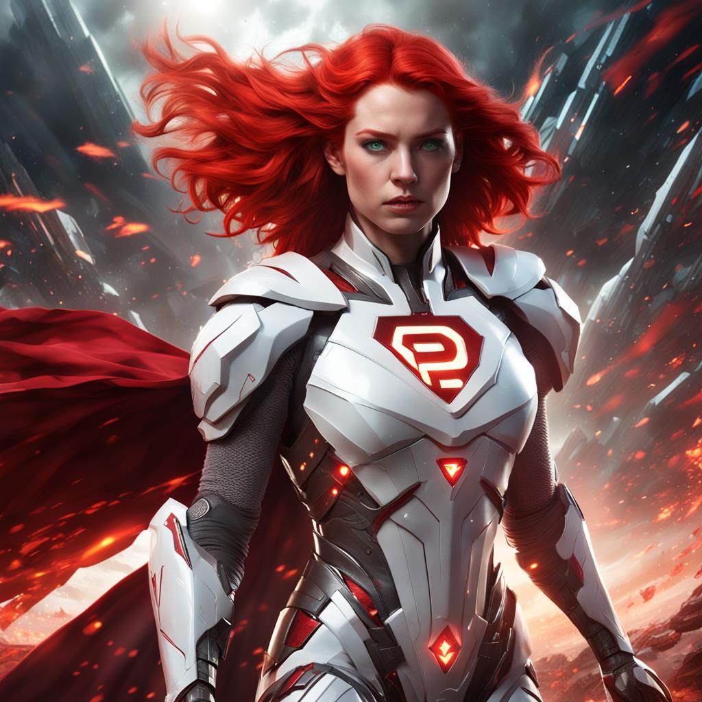 Futuristic Redhead Powergirl in White Armor