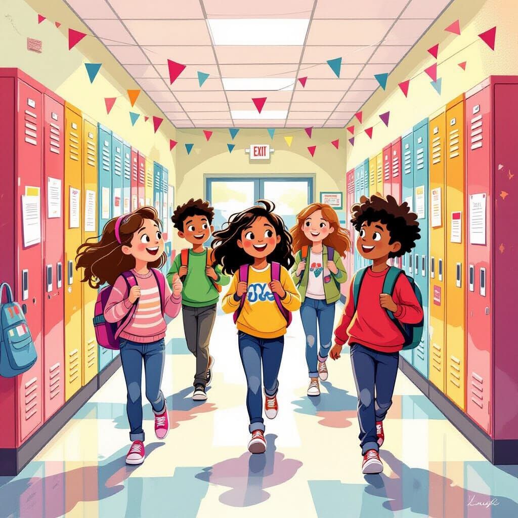 Middle School Hallway in Whimsical Illustration Style